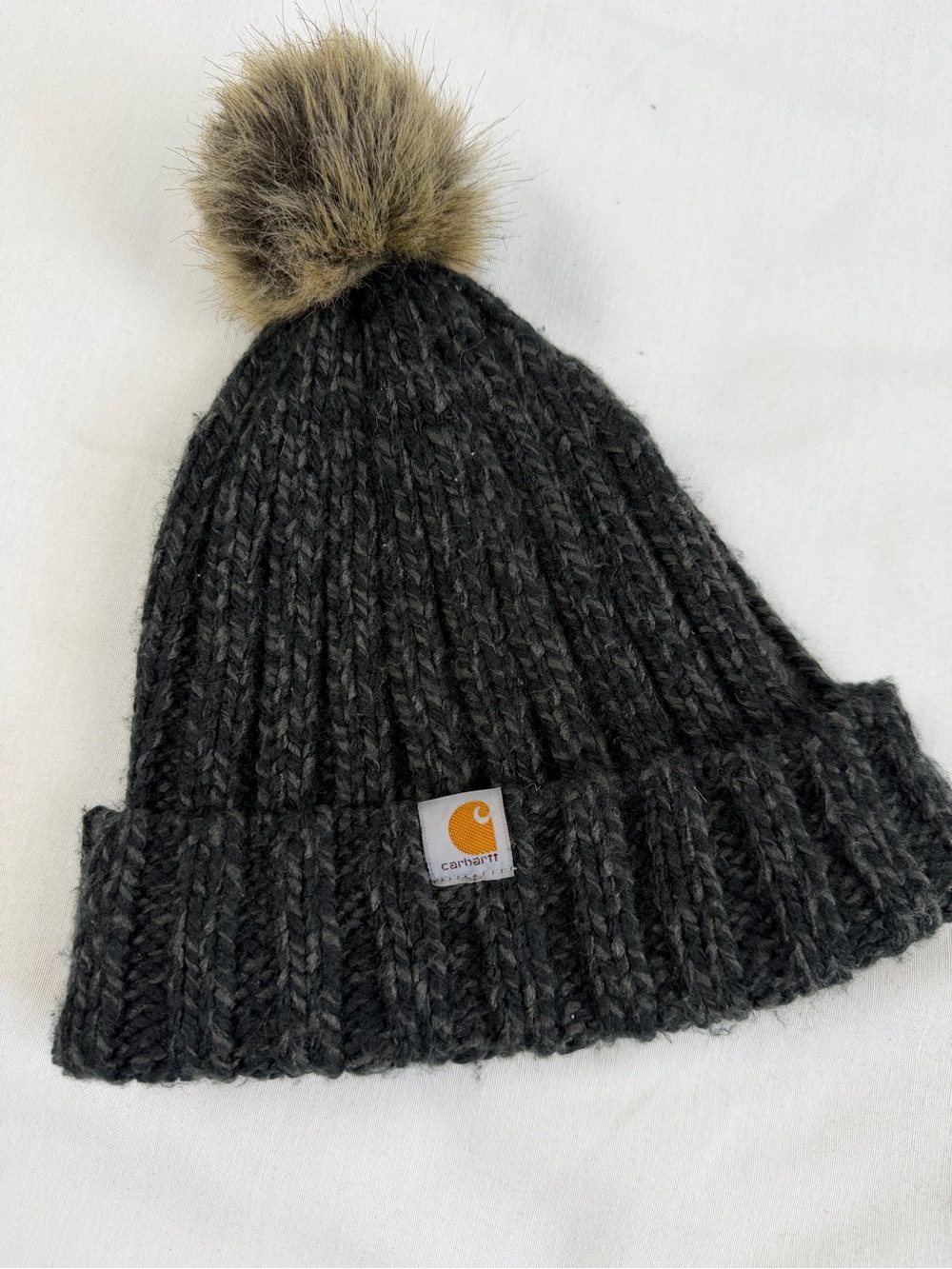 Carhartt Pom Beanie Gray Ribbed Knit Winter Hat Cozy Streetwear
